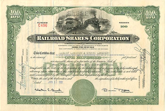 Railroad Shares Corporation - 1931 dated Railroad Stock Certificate